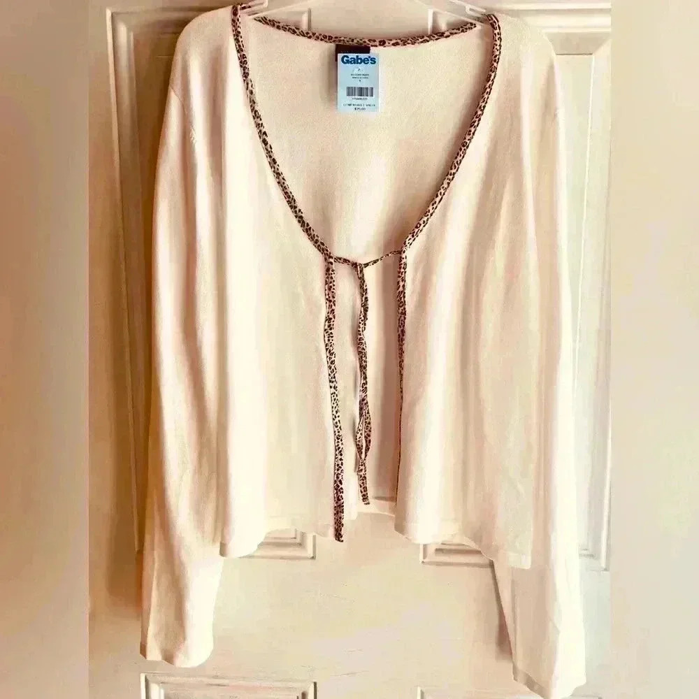 👗🆕 Rue+ White Front Tie Sweater Leopard Trim Elbow Length Sleeve Size 3X - Picture 4 of 4